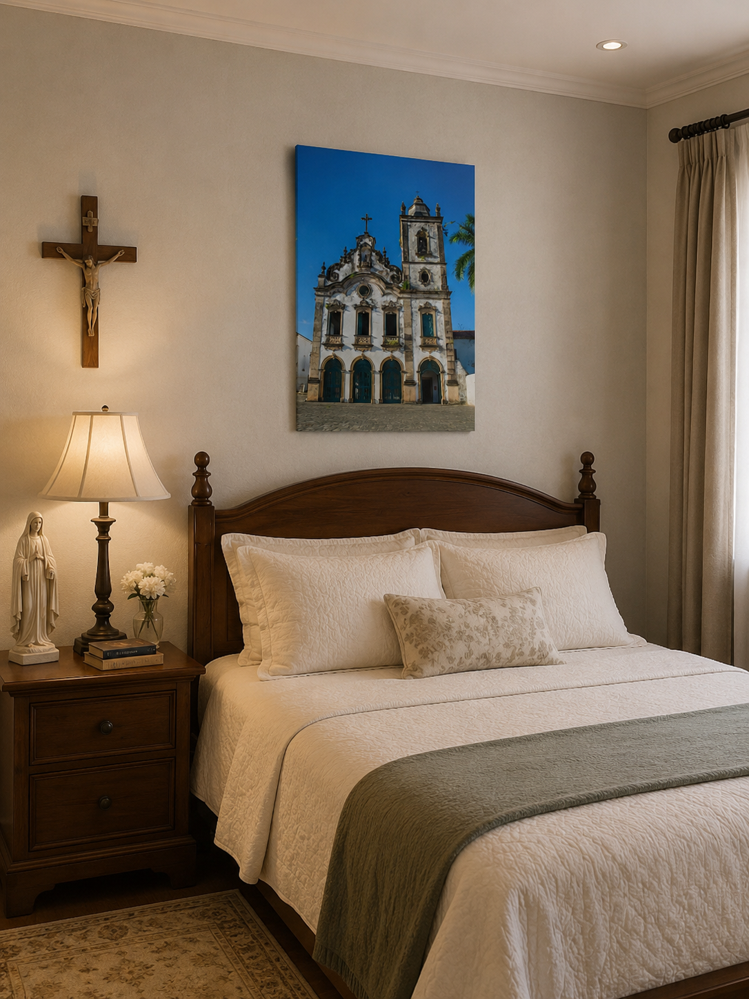 Quadro religioso histórico, em formato vertical, num quarto estilo conservador.